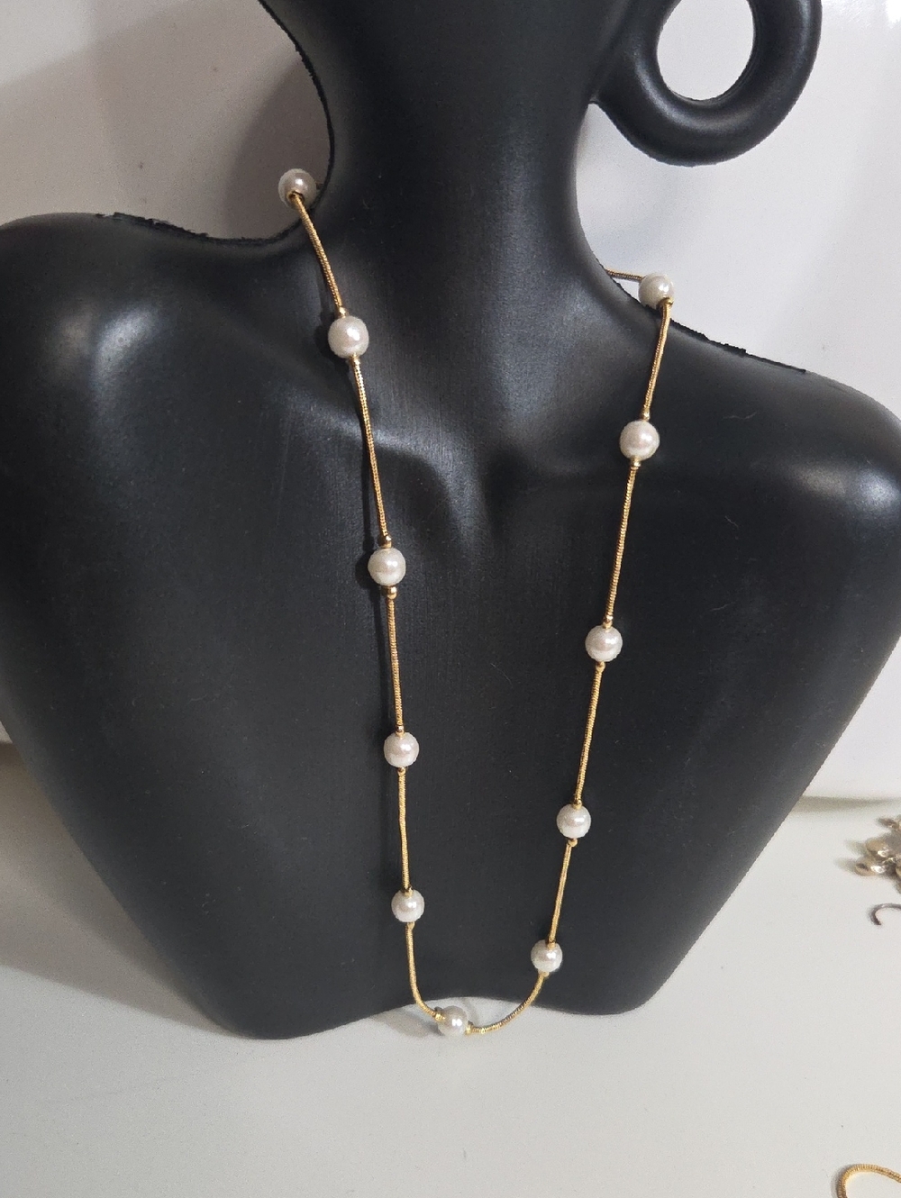 Gold Snake Chain Faux Pearl Tin Cup Floating Station Necklace 16 In